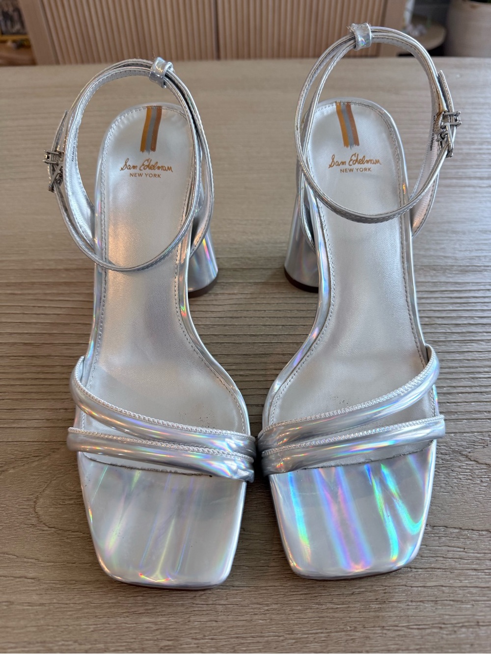 Sam Edelman Iridescent Silver Block Heel Sandals